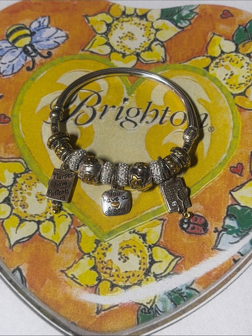 👩🏼‍⚕️BRIGHTON ‘Nurse’ ‘Mom’ Two-tone SLVR Charm Bangle Bracelet! Great gift idea